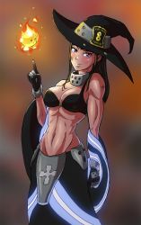 Rule 34 | 1girl, abs, absurdres, arm at side, armpits, artist request, bare shoulders, bikini, bikini top only, black bikini, black gloves, black hair, black headwear, breasts, cleft of venus, collarbone, detached sleeves, en&#039;en no shouboutai, eyelashes, female focus, fire, firefighter, gloves, gradient background, half-closed eyes, hand up, hat, highres, index finger raised, long hair, looking at viewer, maki oze, medium breasts, midriff, muscular, muscular female, navel, neck, purple eyes, pyrokinesis, shiny skin, sidelocks, simple background, smile, smirk, smug, standing, swimsuit, tomboy, wide sleeves, witch hat