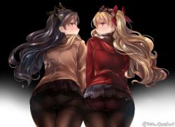 Rule 34 | 2girls, ass, black background, black bow, black hair, black legwear, blonde hair, blush, bow, brown jacket, checkered clothes, checkered skirt, coat, ereshkigal (fate), fate/grand order, fate (series), gradient background, hair between eyes, hair bow, hood, hooded coat, ishtar (fate), jacket, juurouta, long sleeves, looking at viewer, looking down, miniskirt, multiple girls, open mouth, pantyhose, red bow, red eyes, red jacket, scarf, siblings, simple background, sisters, skirt, striped clothes, striped scarf, winter clothes