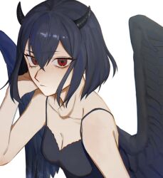 Rule 34 | 1girl, black clover, black dress, black hair, black horns, black wings, bob cut, breasts, cleavage, closed mouth, commentary request, dress, feathered wings, gen me, hand in own hair, highres, horns, looking at viewer, red eyes, secre swallowtail, short hair, simple background, small breasts, solo, white background, wings