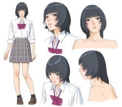 Rule 34 | 1girl, bare shoulders, black hair, black socks, blush, bow, bowtie, brown footwear, character sheet, collarbone, commission, full body, grey eyes, grey skirt, jewelry, loafers, looking at viewer, looking to the side, multiple girls, necklace, original, plaid, plaid skirt, red bow, red bowtie, shirt, shoes, short hair, shorts, simple background, skeb commission, skirt, socks, upper body, watanabe yasuaki, white background, white shirt
