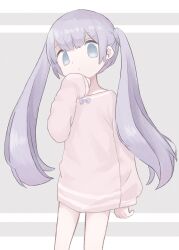 Rule 34 | 1girl, arm at side, blue eyes, bow, closed mouth, commentary, cowboy shot, grey background, hand up, highres, kanikan, long hair, long sleeves, looking at viewer, no pants, original, pale color, pink shirt, purple bow, purple hair, shirt, sleeves past wrists, solo, standing, twintails