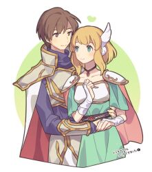 Rule 34 | 1boy, 1girl, aqua eyes, armor, blonde hair, breastplate, brown eyes, brown hair, cape, closed mouth, commentary request, couple, eyelashes, faulds, fire emblem, fire emblem: thracia 776, green background, haconeri, head wings, heart, jewelry, leif (fire emblem), medium hair, nanna (fire emblem), necklace, nintendo, pauldrons, red cape, short hair, shoulder armor, smile, translation request, two-sided cape, two-sided fabric, two-tone background, two-tone cape, white background, white cape, wings