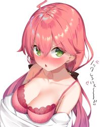 Rule 34 | 1girl, @ @, ahoge, bare shoulders, blush, bow, bra, breasts, collarbone, embarrassed, green eyes, hair bow, highres, hololive, k mugura, low twintails, lower teeth only, medium breasts, nose blush, pink bra, pink hair, sakura miko, simple background, solo, teeth, translated, triangle mouth, twintails, underwear, upper body, v-shaped eyebrows, virtual youtuber, white background