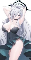 Rule 34 | 1girl, animal ears, armpits, arms up, bare shoulders, black choker, blue archive, blue eyes, blush, breasts, choker, cleavage, cowboy shot, cross, cross hair ornament, grey hair, hair between eyes, hair intakes, hair ornament, halo, highres, inverted cross, large breasts, long hair, miko (royal milk), mismatched pupils, parted lips, presenting armpit, revision, shiroko (blue archive), shiroko terror (blue archive), simple background, solo, white background, wolf ears, wolf girl
