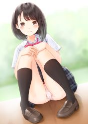 Rule 34 | 1girl, bashosho, black socks, blush, bow, bow panties, brown eyes, brown footwear, brown hair, cameltoe, closed mouth, collared shirt, commentary, diagonal stripes, dutch angle, english commentary, full body, grey skirt, hands on own knees, hands up, highres, kneehighs, loafers, looking at viewer, original, own hands together, panties, pigeon-toed, pink bow, pink panties, plaid, plaid skirt, reflection, school uniform, shirt, shoes, short sleeves, sitting, skirt, smile, socks, solo, striped, striped bow, underwear, white shirt