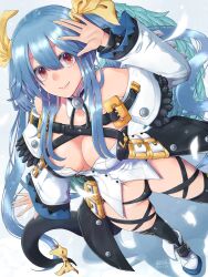 Rule 34 | 1girl, angel wings, asymmetrical wings, bare shoulders, belt, black panties, blue hair, breasts, cleavage, cleavage cutout, closed mouth, clothing cutout, commentary request, dated, detached collar, detached sleeves, dizzy (guilty gear), feathers, guilty gear, guilty gear xrd, hair between eyes, hand up, highres, long hair, looking at viewer, mariebell, monster girl, off shoulder, panties, red eyes, shadow, showgirl skirt, sidelocks, signature, skindentation, skirt, smile, solo, thick thighs, thigh gap, thigh strap, thighs, twintails, underwear, wide sleeves, wings