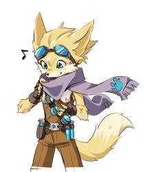 Rule 34 | 1boy, animal ears, belt, blue eyes, fingerless gloves, furry, furry male, gloves, goggles, goggles on head, male focus, musical note, nanashiba, paladins, pip (paladins), potion, scarf, simple background, solo, tail, upper body, white background