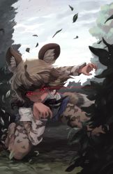 Rule 34 | 1girl, african wild dog (kemono friends), african wild dog print, animal ear fluff, animal ears, animal print, arm up, bodystocking, boots, brown hair, claw pose, collared shirt, cutoffs, day, dog ears, dog girl, dog tail, fighting stance, floating hair, glowing, glowing eyes, grey hair, hand up, highres, kemono friends, layered sleeves, leaf, leaning forward, long sleeves, looking at viewer, medium hair, melaton, multicolored hair, neck ribbon, on one knee, outdoors, red eyes, ribbon, serious, shirt, short over long sleeves, short shorts, short sleeves, shorts, solo, tail, two-tone hair, wind