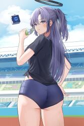 Rule 34 | 1girl, ass, black shirt, blue archive, blue buruma, blue sky, bottle, breasts, buruma, cloud, cowboy shot, day, drinking, drone, halo, hand on own hip, highres, holding, holding bottle, medium breasts, outdoors, parted lips, personality2407, purple eyes, purple hair, shirt, short ponytail, sky, solo, star sticker, sticker on face, tied shirt, track and field, water bottle, yuuka (blue archive), yuuka (track) (blue archive)