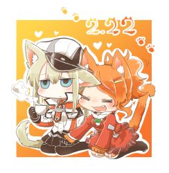 Rule 34 | 10s, 2girls, :&lt;, :d, = =, ^ ^, anchor, animal ears, aquila (kancolle), black gloves, black legwear, black skirt, blonde hair, blue eyes, blush, capelet, cat day, cat ears, cat tail, chibi, closed eyes, closed mouth, coffee cup, cross, cup, dated, disposable cup, dress, expressionless, fang, full body, gloves, graf zeppelin (kancolle), hair between eyes, hair ornament, hairclip, hand grab, happy, hat, heart, holding, holding cup, iron cross, jitome, kantai collection, kemonomimi mode, kneeling, long sleeves, looking afar, motion lines, multiple girls, necktie, nose blush, open mouth, orange gloves, orange hair, outline, pantyhose, peaked cap, pleated skirt, ponytail, rebecca (keinelove), red dress, red necktie, sitting, skirt, smile, steam, swept bangs, tail, white hat, yokozuwari
