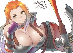 Rule 34 | 1girl, axe, breasts, chikoinochi, choker, cleavage, dragon quest, dragon quest heroes ii, female focus, gloves, highres, huge breasts, large breasts, long hair, looking at viewer, lying, multicolored hair, on side, orange hair, ornaze (dqhii), purple hair, solo, two-tone hair, yellow eyes