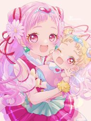 Rule 34 | 2girls, baby, blonde hair, clover earrings, commentary request, cone hair bun, cure yell, hair bun, hair ribbon, highres, hug-tan (precure), hugtto! precure, layered skirt, lilylily0601, long hair, magical girl, multiple girls, nono hana, one eye closed, pink eyes, pink hair, pink shirt, pink skirt, precure, red ribbon, ribbon, shirt, short bangs, short hair, short twintails, skirt, twintails