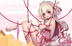 Rule 34 | 1girl, absurdres, bdsm, bondage, bound, breasts, copyright name, dress, fang, fate/kaleid liner prisma illya, fate (series), frills, from side, hair ornament, heart, highres, illyasviel von einzbern, kiyomasa ren, light brown hair, long hair, looking at viewer, open mouth, panties, panties around leg, pink eyes, pink panties, prisma illya, red ribbon, restrained, ribbon, ribbon bondage, see-through, short dress, sideboob, single thighhigh, small breasts, solo, thighhighs, toes, two side up, underwear, watermark, weibo watermark, white thighhighs