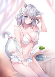 Rule 34 | 1girl, absurdres, animal ear fluff, animal ears, arm up, bare shoulders, bikini, blue eyes, blurry, blurry background, breasts, cat ears, cat girl, cat tail, cleavage, collarbone, eyes visible through hair, frilled bikini, frills, hair ornament, highres, large breasts, neco meito, original, plant, potted plant, see-through, short hair, silver hair, sitting, solo, swimsuit, tail, tail ornament, two side up, wet, white bikini