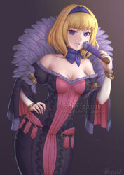 Rule 34 | 1girl, bangle, bare shoulders, black dress, blonde hair, blue choker, blue eyes, blue hairband, bracelet, breasts, choker, collarbone, commentary request, constance von nuvelle, cowboy shot, dress, fire emblem, fire emblem: three houses, fire emblem warriors: three hopes, grin, hairband, highres, jewelry, lesu, long sleeves, looking at viewer, medium breasts, nintendo, off-shoulder dress, off shoulder, official alternate costume, official alternate hairstyle, short hair, smile, solo, standing