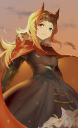 Rule 34 | 1girl, absurdres, animal ears, archetto (arknights), arknights, blonde hair, blue eyes, breasts, brown dress, cape, chinese commentary, chong (547342983), circlet, closed mouth, commentary request, corset, dress, frilled dress, frills, from below, hair intakes, heterochromia, highres, long hair, looking at viewer, looking down, medium breasts, orange sky, outdoors, red cape, red eyes, sky, smile, solo, unnamed arknights beyond here character