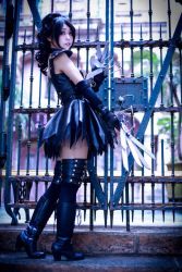 Rule 34 | 1girl, asian, belt, black lips, boots, cosplay, dress, edward scissorhands, edward scissorhands (cosplay), elbow gloves, eyeshadow, gloves, goth fashion, high heel boots, lipstick, long hair, makeup, photo (medium), scissors, shoes, skirt, solo, thighhighs