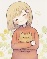 Rule 34 | 1girl, 2019, = =, animal, ayu (mog), black border, black outline, blonde hair, blush, board, bob cut, border, chinese zodiac, closed mouth, flower, grey background, hair flower, hair ornament, head tilt, holding, holding animal, long sleeves, looking at viewer, notice lines, original, outline, pig, pink flower, red sweater, short hair, smile, solo, sweater, upper body, year of the pig