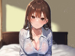 Rule 34 | 1girl, arito arayuru, bed, bed sheet, blurry, blurry background, blush, breasts, brown eyes, brown hair, cleavage, closed mouth, collared shirt, covered erect nipples, dress shirt, hair between eyes, highres, indoors, long hair, long sleeves, looking at viewer, medium breasts, no bra, non-web source, on bed, original, scowl, shirt, sidelocks, solo, sweat, v-shaped eyebrows, wet, wet clothes, white shirt