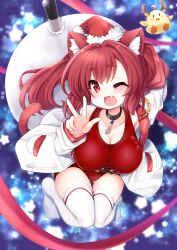 Rule 34 | 1girl, absurdres, animal ears, antlers, azur lane, bird, blue background, blue one-piece swimsuit, breasts, cat ears, cat girl, cat tail, chick, choker, christmas, fake antlers, fang, gradient background, hat, highres, horns, i-19 (azur lane), jacket, kinomiki nobori, large breasts, long hair, looking at viewer, manjuu (azur lane), one-piece swimsuit, one eye closed, open mouth, red hair, red one-piece swimsuit, reindeer antlers, ribbon, sack, santa hat, school swimsuit, smile, swimsuit, tail, tail ornament, tail ribbon, thighhighs, torpedo, v, white jacket, white thighhighs