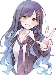 Rule 34 | 1girl, black jacket, blue hair, blush, dark blue hair, diagonal-striped clothes, diagonal-striped necktie, earrings, hair ornament, jacket, jewelry, kamiyama high school uniform (project sekai), looking at viewer, multicolored hair, necktie, project sekai, school uniform, shiraishi an, shirt, smile, solo, star (symbol), star earrings, star hair ornament, striped clothes, swept bangs, two-tone hair, uya (moffy03), v, white background, white shirt, yellow eyes
