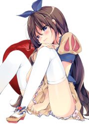 Rule 34 | 1girl, apple, bad id, bad pixiv id, blue eyes, blush, brown hair, food, fruit, grimm&#039;s fairy tales, long hair, oversized food, oversized object, sakuragi yuzuki, shoes, skirt, snow white, snow white (grimm), snow white and the seven dwarfs, solo, thighhighs