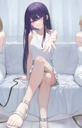 Rule 34 | 3girls, absurdres, anklet, bare arms, bare legs, bare shoulders, blush, collarbone, come hither, crossed legs, dot nose, dress, feet, hair over shoulder, half-closed eyes, head tilt, highres, hoshino ai (oshi no ko), jewelry, legs, lips, long hair, looking at viewer, matching hair/eyes, multiple girls, oshi no ko, purple eyes, purple hair, sandals, shirt, skirt, sleeveless, sleeveless shirt, smile, solo focus, star-shaped pupils, star (symbol), star ornament, stoner08, symbol-shaped pupils, symbol in eye, thighs, toenails, toes, white background, white dress, white footwear, white theme