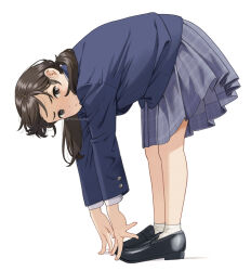 Rule 34 | 1girl, black eyes, black footwear, black hair, blue shirt, blue skirt, check commentary, commentary, commentary request, head tilt, loafers, long sleeves, looking at viewer, mattaku mousuke, original, plaid, plaid skirt, school uniform, shirt, shoes, short twintails, simple background, skirt, smile, socks, solo, standing, stretching, twintails, twitter username, watermark, white background, white socks