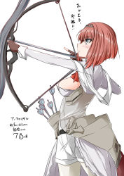 Rule 34 | 1girl, absurdres, aiming, ark royal (kancolle), blue eyes, blunt bangs, bob cut, bow (weapon), brown gloves, character name, cleavage cutout, clothing cutout, commentary request, compound bow, ferdinand (akizuki), fingerless gloves, gloves, hairband, highres, inverted bob, kantai collection, long sleeves, machinery, numbered, overskirt, pantyhose, quiver, red hair, red ribbon, ribbon, short hair, shorts, simple background, solo, tiara, translation request, twitter username, weapon, white background, white pantyhose, white shorts