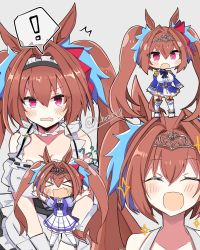 Rule 34 | !, &gt; &lt;, 1girl, animal ears, azukimame, blush, brown hair, chibi, collarbone, covering privates, daiwa scarlet (umamusume), closed eyes, fang, hair between eyes, highres, horse ears, horse girl, long hair, looking at viewer, maid, multiple views, open mouth, red eyes, school uniform, simple background, spoken exclamation mark, tracen school uniform, twintails, umamusume