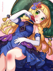 Rule 34 | 1girl, bare shoulders, blonde hair, blue dress, blush, book, braid, breasts, commentary request, covered navel, creatures (company), cushion, dress, elbow gloves, eyelashes, flower, from above, game freak, gloves, green eyes, hair flower, hair ornament, hairband, highres, holding, holding book, kinocopro, lillie (anniversary 2021) (pokemon), lillie (pokemon), long hair, looking at viewer, lying, medium breasts, nintendo, official alternate costume, on back, parted lips, pokemon, pokemon masters ex, red flower, solo, twin braids, twitter username, watermark, white gloves