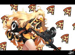 Rule 34 | 1girl, absurdres, ahoge, bell pepper, bell pepper slice, bike shorts, black gloves, black jacket, black shorts, black skirt, blonde hair, blush, breasts, commentary request, dated, fabarm sat-8, food, food-themed background, food in mouth, food on face, girls&#039; frontline, gloves, green eyes, gun, hair between eyes, hair ornament, hairband, highres, holding, holding gun, holding weapon, italian flag, italian flag print, jacket, korean commentary, large breasts, letterboxed, long hair, long sleeves, messy hair, mixed-language commentary, mouth hold, multicolored clothes, multicolored jacket, neck ribbon, olive, orange gloves, orange hairband, orange jacket, partial commentary, pepperoni, pizza, pizza background, pleated skirt, print ribbon, puffy cheeks, redshark7839, ribbon, s.a.t.8 (girls&#039; frontline), semi-automatic firearm, semi-automatic shotgun, shield, shield module, shorts, shotgun, shotgun shell, signature, simple background, skindentation, skirt, solo, trigger discipline, two-sided gloves, two-tone jacket, v-shaped eyebrows, very long hair, weapon, white background