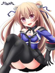 Rule 34 | 1girl, artist logo, black gloves, black skirt, black thighhighs, blue shirt, breasts, brown eyes, cleavage, commentary request, garter straps, gloves, johnston (kancolle), kantai collection, light brown hair, long hair, looking at viewer, medium breasts, off shoulder, one-hour drawing challenge, pleated skirt, sailor collar, school uniform, serafuku, shirt, simple background, skirt, solo, thighhighs, two side up, united states medal of honor, white background, yayoi kotoyuki