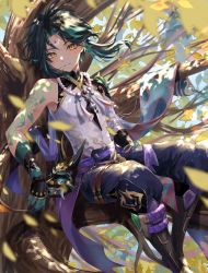 Rule 34 | 1boy, arm tattoo, bead necklace, beads, bishounen, branch, commentary request, facial mark, forehead mark, genshin impact, gloves, green hair, highres, jewelry, looking at viewer, male focus, multicolored hair, necklace, outdoors, sitting, sitting on branch, smile, solo, tassel, tattoo, teeth, tree, una kamra, wind, xiao (genshin impact), yellow eyes