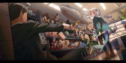 Rule 34 | 1girl, absurdres, aiming, aisle, blue eyes, blue hair, blunt bangs, box, convenience store, daikazoku63, fins, fish, fish tail, food, formal, gawr gura, gun, handgun, highres, hololive, hololive english, hood, indoors, jacket, letterboxed, long hair, looking at another, multicolored hair, oatmeal, paper towel, pop tart, product placement, quaker oats company, red bull, red hair, revolver, shark, shark tail, shop, snack, streaked hair, suit, tail, virtual youtuber, weapon, white hair