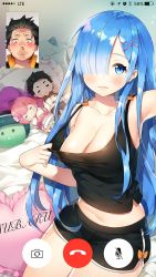 Rule 34 | 10s, 1boy, 1girl, :&gt;, :3, aged up, alternate costume, alternate hair length, alternate hairstyle, arm up, armpits, ayami (annahibi), bare shoulders, bed sheet, black hair, black shorts, blood, blue eyes, blue hair, bow, breasts, casual, character doll, character name, cleavage, clothes pull, collarbone, cowboy shot, dolphin shorts, frilled pillow, frills, hair ornament, hair over one eye, hakugei (re:zero), heart, heart-shaped pillow, highres, indoors, japanese clothes, kimono, large breasts, long hair, looking at viewer, midriff, natsuki subaru, navel, no bra, nosebleed, on bed, orange bow, parted lips, petelgeuse romaneeconti, pillow, pulled by self, ram (re:zero), re:zero kara hajimeru isekai seikatsu, reaching, reaching towards viewer, rem (re:zero), selfie, shirt pull, shirt tug, short shorts, shorts, sidelocks, sitting, sleeveless, tank top, teasing, track suit, triangle mouth, very long hair, viewfinder, x hair ornament