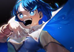 Rule 34 | 1girl, :d, artist name, black background, blast-7, blue cape, blue dress, blue eyes, blue hair, blush, bright pupils, cape, commentary request, dress, fingernails, green dress, hairband, hand on own chest, highres, light particles, long sleeves, multicolored clothes, multicolored dress, open mouth, red dress, signature, smile, solo, teeth, tenkyuu chimata, touhou, two-sided cape, two-sided fabric, upper body, white cape, white pupils, yellow dress