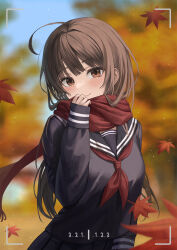 Rule 34 | 1girl, ahoge, autumn, autumn leaves, black sailor collar, black shirt, blue sky, blurry, blurry background, blush, breasts, brown eyes, brown hair, closed mouth, commentary request, eyelashes, falling leaves, hair intakes, hand up, head tilt, leaf, light particles, long hair, long sleeves, looking at viewer, maple leaf, medium breasts, mookyuu9, neckerchief, original, outdoors, red neckerchief, red scarf, sailor collar, scarf, school uniform, serafuku, shirt, sidelocks, sky, sleeves past wrists, smile, solo, tree, upper body, viewfinder