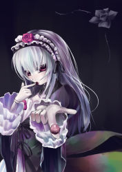 Rule 34 | 00s, 1girl, asa (swallowtail), black dress, dress, flower, frills, gothic lolita, hairband, index finger raised, lolita fashion, lolita hairband, looking at viewer, pointing, pointing at viewer, red eyes, rose, rozen maiden, silver hair, solo, suigintou, upper body
