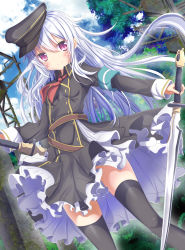 Rule 34 | 1girl, aruka (alka p1), belt, black dress, black hat, black thighhighs, blush, breasts, day, dress, dual wielding, dutch angle, floating hair, hair between eyes, hat, holding, holding sword, holding weapon, long hair, looking at viewer, military, military hat, necktie, original, outdoors, pink eyes, red necktie, ruins, silver hair, small breasts, solo, sword, thighhighs, very long hair, weapon