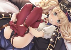 Rule 34 | 1girl, :d, ascot, bed sheet, belt, black panties, blonde hair, blue eyes, blush, breasts, cameltoe, coat, commentary request, feet, fetal position, full body, granblue fantasy, grin, hat, highres, long hair, looking at viewer, lying, monika weisswind, no shoes, on back, on bed, open mouth, panties, peaked cap, pleated skirt, princess connect!, red ascot, red thighhighs, shingeki no bahamut, skirt, smile, solo, teeth, thighhighs, toes, twintails, two side up, underwear, yuririn poi