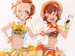 Rule 34 | 2girls, bare shoulders, blush, brown hair, closed eyes, crop top, flat chest, forehead, gacho p, hat, holding, holding microphone, idolmaster, idolmaster cinderella girls, microphone, multiple girls, namba emi, navel, one eye closed, open mouth, scrunchie, short hair, skirt, smile, squid hair ornament, teeth, ueda suzuho, upper body, wrist scrunchie