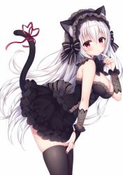 Rule 34 | 1girl, animal ear fluff, animal ears, bare shoulders, black bow, black dress, black hairband, black thighhighs, blush, bow, breasts, bridal gauntlets, cat ears, cat girl, closed mouth, dress, finger to mouth, fingernails, frilled hairband, frills, hair between eyes, hairband, hand on own thigh, heart, large breasts, long hair, looking at viewer, looking to the side, mitsuba choco, nail polish, original, red eyes, red nails, red ribbon, ribbon, silver hair, simple background, skindentation, solo, strapless, strapless dress, tail, tail ornament, tail raised, tail ribbon, thighhighs, very long hair, white background