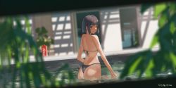 Rule 34 | 1girl, ass, back, bad id, bad pixiv id, bare arms, bare shoulders, bikini, black bikini, blurry foreground, dated, dutch angle, grey hair, looking at viewer, looking back, original, outdoors, reido (reido c), short hair, solo, standing, swimsuit, wading, wet