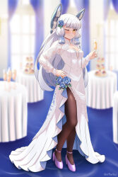 Rule 34 | 1girl, alternate costume, arthur ko, black pantyhose, blue flower, blue ribbon, blue rose, blurry, blurry background, blush, closed mouth, cocktail glass, cup, dress, drinking glass, flower, full body, grey hair, hair ribbon, headgear, high heels, highres, holding, holding cup, kantai collection, long hair, long sleeves, murakumo (kancolle), one eye closed, pantyhose, pink footwear, ribbon, rose, solo, standing, tress ribbon, twitter username, white dress, yellow eyes