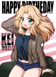 Rule 34 | 10s, 1girl, alternate eye color, arm behind head, arm support, black shirt, blonde hair, blue shorts, brown jacket, character name, commentary, cowboy shot, cutoffs, dated, denim, denim shorts, diagonal stripes, english text, engrish text, fujimaru arikui, girls und panzer, green eyes, hair intakes, happy birthday, jacket, kay (girls und panzer), long hair, long sleeves, looking at viewer, military, military uniform, open clothes, open jacket, open mouth, pink background, ranguage, saunders military uniform, shirt, short shorts, shorts, smile, solo, standing, star (symbol), striped, striped background, thighhighs, typo, uniform, upper body, white thighhighs