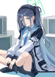 Rule 34 | 1girl, absurdres, aris (blue archive), black hair, black skirt, black socks, blue archive, blue eyes, blue necktie, blush, coat, collared shirt, full body, gradient background, grin, hair between eyes, halo, highres, indian style, long hair, long hair between eyes, long sleeves, looking at viewer, necktie, no shoes, open clothes, open coat, open mouth, shirt, shirt tucked in, side ponytail, sitting, skirt, smile, socks, solo, teeth, very long hair, white shirt, xiu kukkii