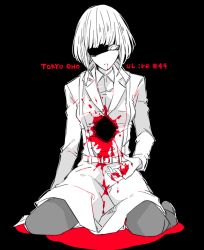 Rule 34 | 1boy, androgynous, awara kayu, black background, blood, blood on clothes, blouse, blunt bangs, coat, collared shirt, commentary request, copyright name, full body, hole in chest, hole on body, jacket, long sleeves, male focus, monochrome, pool of blood, shaded face, shirt, short hair, simple background, sitting, solo, spot color, tokyo ghoul, tokyo ghoul:re, ui koori, wariza, white shirt