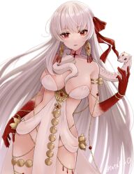 Rule 34 | 1girl, bracelet, breasts, durga (fate), earrings, fate/grand order, fate (series), highres, jewelry, large breasts, long hair, pelvic curtain, red eyes, snake, thumb ring, tuta0w0, twitter username, very long hair, white background, white hair