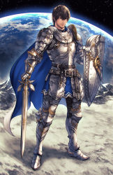 Rule 34 | absurdres, adventurer (ff14), armor, armored boots, belt, black hair, blue cape, blue eyes, boots, cape, closed mouth, coat, earth (planet), facial hair, final fantasy, final fantasy xiv, full armor, highres, holding, holding sword, holding weapon, looking at viewer, makimura shunsuke, male focus, paladin (final fantasy), planet, shield, short hair, space, standing, sword, warrior of light (ff14), weapon